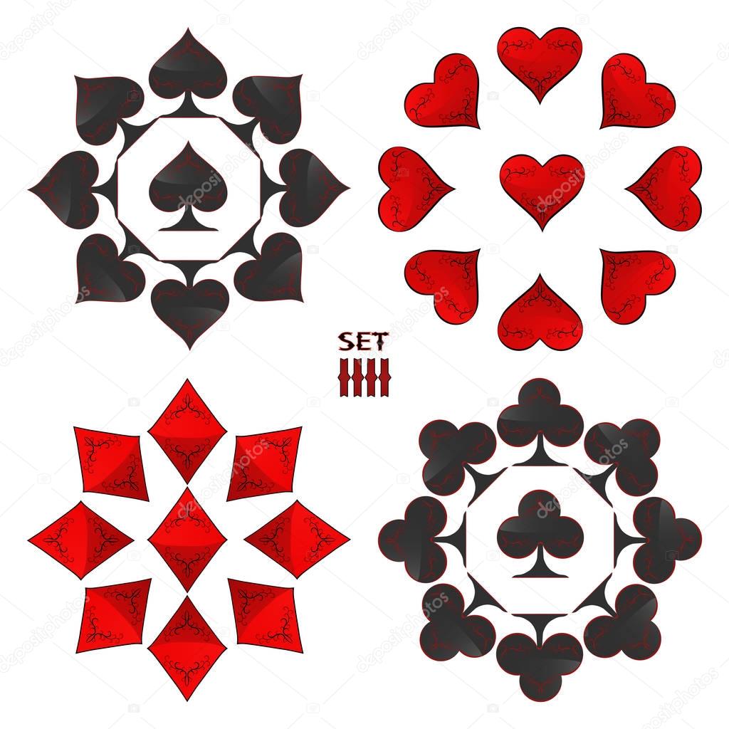 Abstract vector illustration logo for set playing cards in gamble poker. Poker pattern consisting of black spades ace, red heart, diamond card, clubs icon casino. Gamble pokers emblem gambling games.