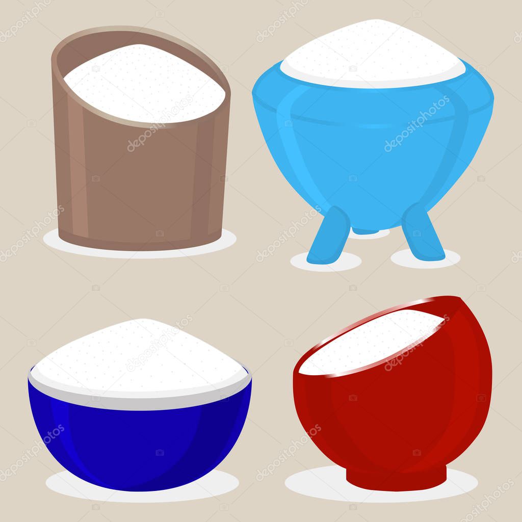 Vector icon illustration of logo for theme set sweet crystal powder sugar in bowls, bags, sacks. Sugar pattern consisting of bowl with ingredient sand for coffee,tea. Eat fresh sugars in Bowl,bag,sack