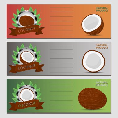 Bütün Konfit meyve beyaz Hindistan cevizi için vektör çizim logo abstract, yarım somun arka plan üzerinde dilim. Fındık Hindistan cevizi desen etiket doğal coco süt oluşan. Taze ham organik hindistancevizi palmiye fındık yemek.