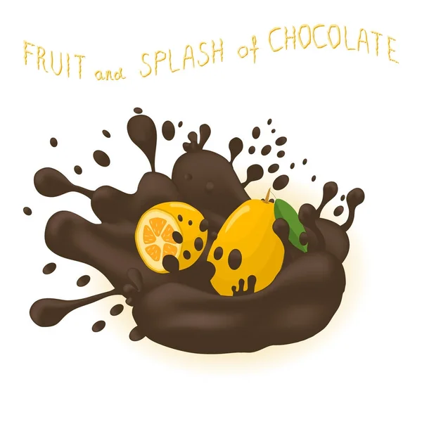 Olgun Egzotik Meyve Sarı Kamkat Kahverengi Bırakma Çikolata Sıçrama Için — Stok Vektör