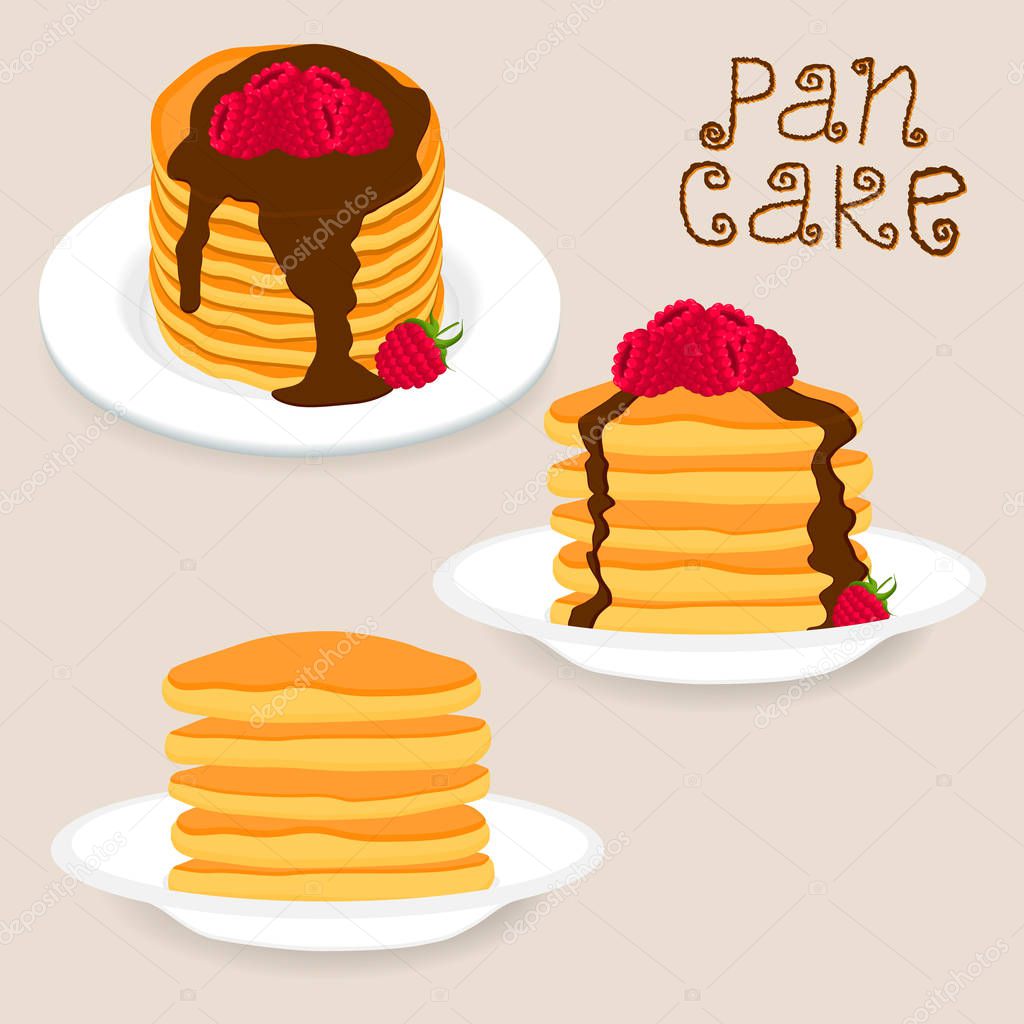 Abstract vector icon illustration logo for yellow pancake. Pancake pattern consisting of home heap homemade hot cakes on plate, crepe sweet food. Eat tasty pancakes with berries, honey,piece of butter