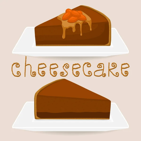 Rebanada cheesecake se encuentra en el plato blanco — Vector de stock