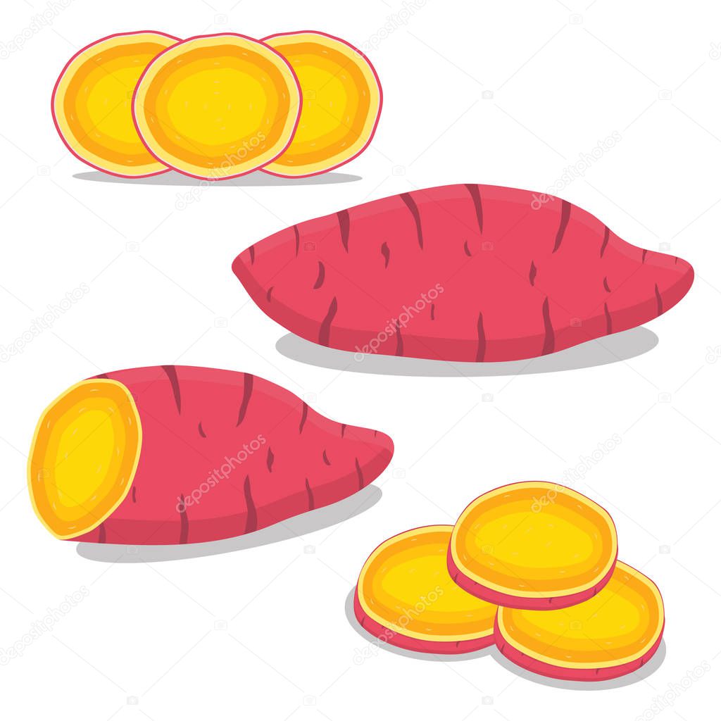 Abstract vector icon illustration logo for whole vegetable sweet potato, sliced baked foods. Potato pattern consisting of ripe boiled stewed food, steamed fries, raw yam. Sweet vegetables potatoes.