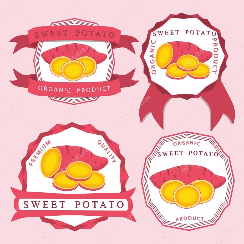 Abstract vector icon illustration logo for whole vegetable sweet potato, sliced baked foods. Potato pattern consisting of ripe boiled stewed food, steamed fries, raw yam. Sweet vegetables potatoes.