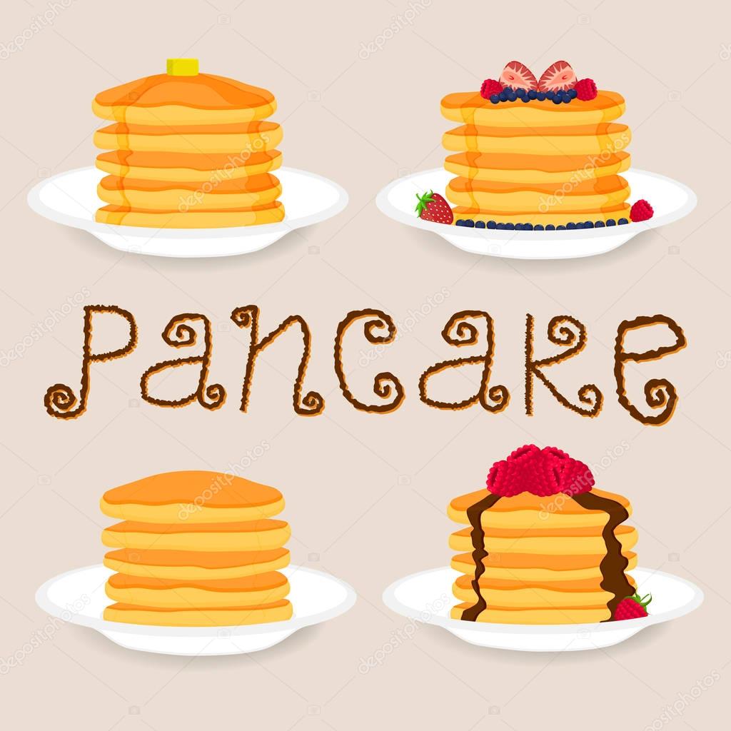 Abstract vector icon illustration logo for yellow pancake. Pancake pattern consisting of home heap homemade hot cakes on plate, crepe sweet food. Eat tasty pancakes with berries, honey,piece of butter