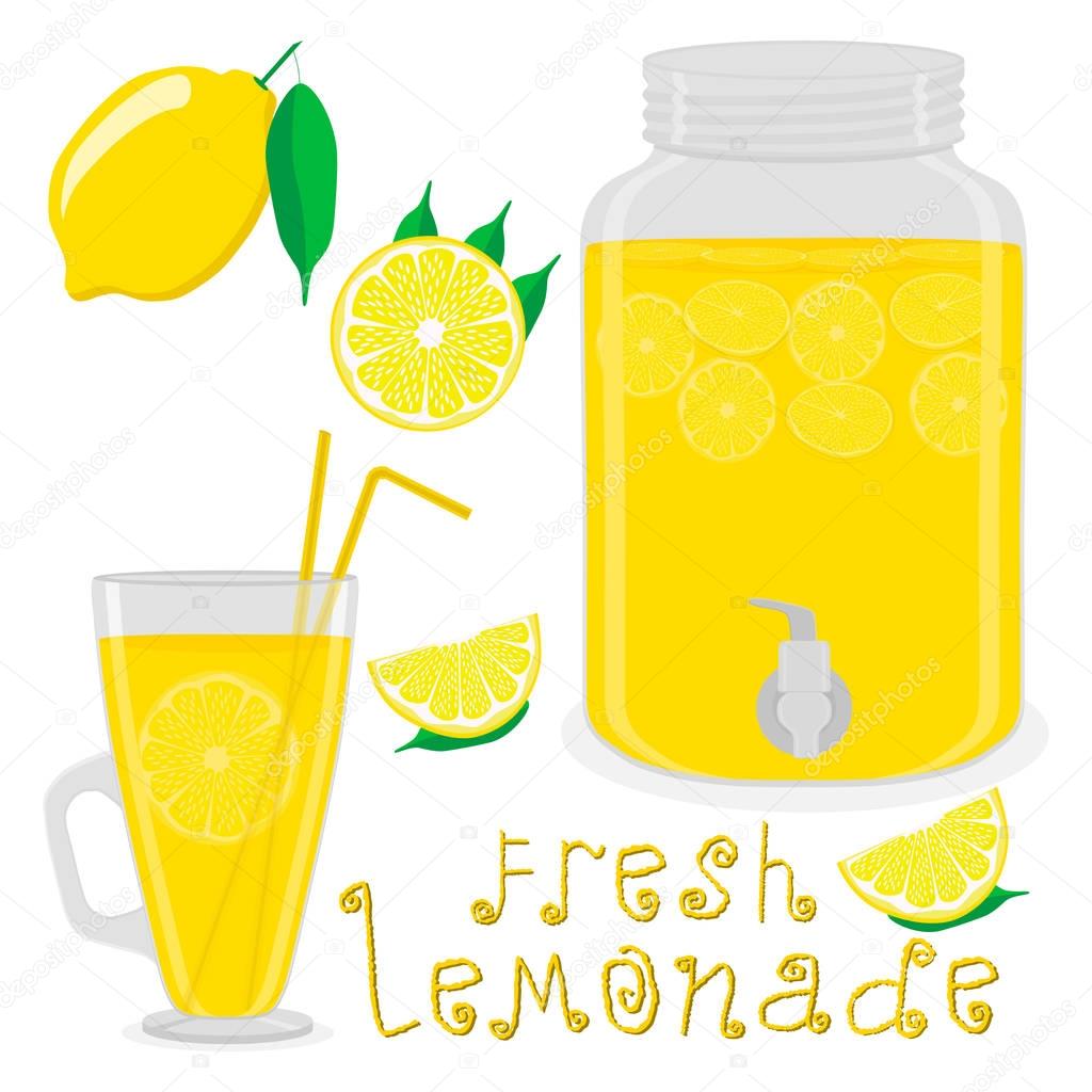Vector illustration logo for slice yellow citrus fruit lemons, jar with lemonade. Jar pattern consisting of glass pitcher filled lemonades, natural sweet lemon product. Lemonade fresh liquid of jars.