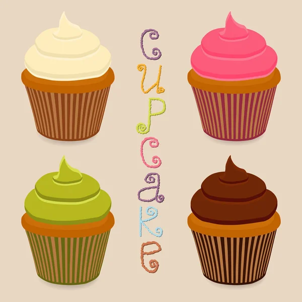 Logo de ilustración de icono vectorial para magdalenas de bayas enteras, panadería casera dulce. Patrón de cupcake que consiste en diferentes dulces de postre, pastel de crema batida. Sabrosos cupcakes cubiertos de cremas de frutas . — Vector de stock