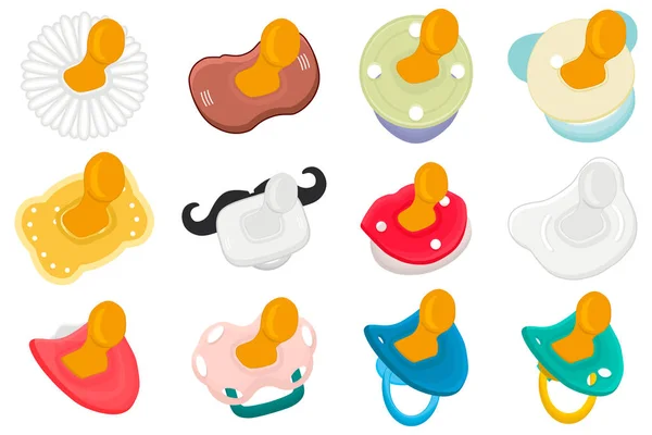 Illustratie op thema grote gekleurde set baby fopspenen — Stockvector