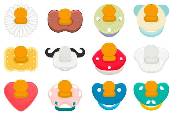 Illustratie op thema grote gekleurde set baby fopspenen — Stockvector