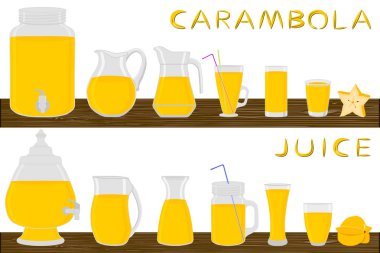 Tema büyük seti farklı tipte cam eşyalar, çeşitli boyutlarda karambola sürahileri. Sıvı Carambola için organik plastik sürahilerden oluşan cam eşyalar. Sürahiler dolusu karambola Ahşap masada cam süslemeler.