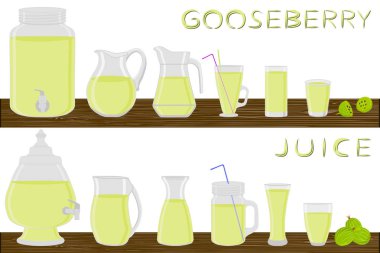 Big kit different types glassware, gooseberry in jugs various size. Glassware consisting of organic plastic jugs for fluid gooseberry. Jugs of bright gooseberry it glassware standing on wooden table. clipart