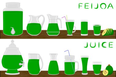 Illustration on theme big kit different types glassware, feijoa jugs various size. Glassware consisting of organic plastic jugs for fluid feijoa. Jugs of feijoa is glassware standing on wooden table. clipart