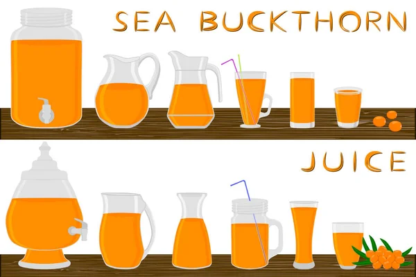 Μεγάλο Κιτ Διαφορετικά Είδη Γυαλικά Θάλασσα Buckthorn Κανάτες Διαφόρων Μεγεθών — Διανυσματικό Αρχείο