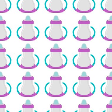 Renkli bebek sütü ve plastik emzik üzerine bir resim. Bebek sütü şişesi, yeni doğan bebeklere tahsilat yapmak için iyi bir emzik. Süt şişesinde emzik, bebek bakım ekipmanı..
