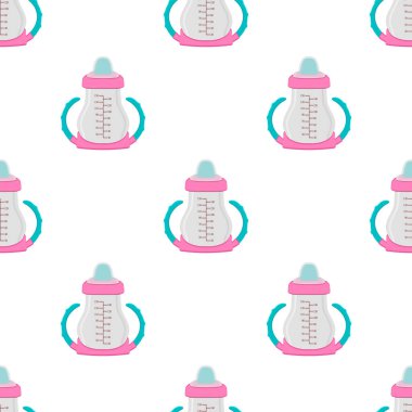 Renkli bebek sütü ve plastik emzik üzerine bir resim. Bebek sütü şişesi, yeni doğan bebeklere tahsilat yapmak için iyi bir emzik. Süt şişesinde emzik, bebek bakım ekipmanı..