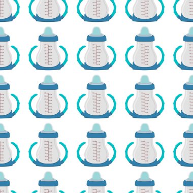 Renkli bebek sütü ve plastik emzik üzerine bir resim. Bebek sütü şişesi, yeni doğan bebeklere tahsilat yapmak için iyi bir emzik. Süt şişesinde emzik, bebek bakım ekipmanı..