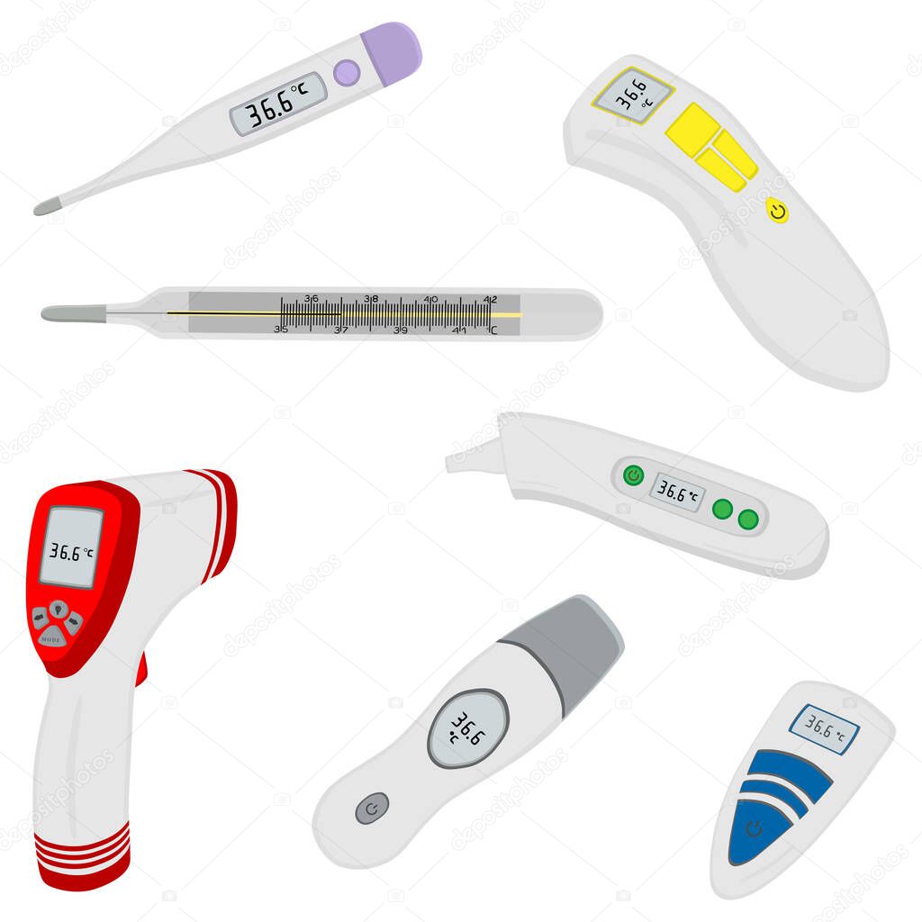 Illustration on theme big colored set different types of thermometers for hospital. Thermometer consisting of collection accessory with quality control. Plastic thermometer is main medicine target.