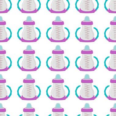 Renkli bebek sütü ve plastik emzik üzerine bir resim. Bebek sütü şişesi, yeni doğan bebeklere tahsilat yapmak için iyi bir emzik. Süt şişesinde emzik, bebek bakım ekipmanı..