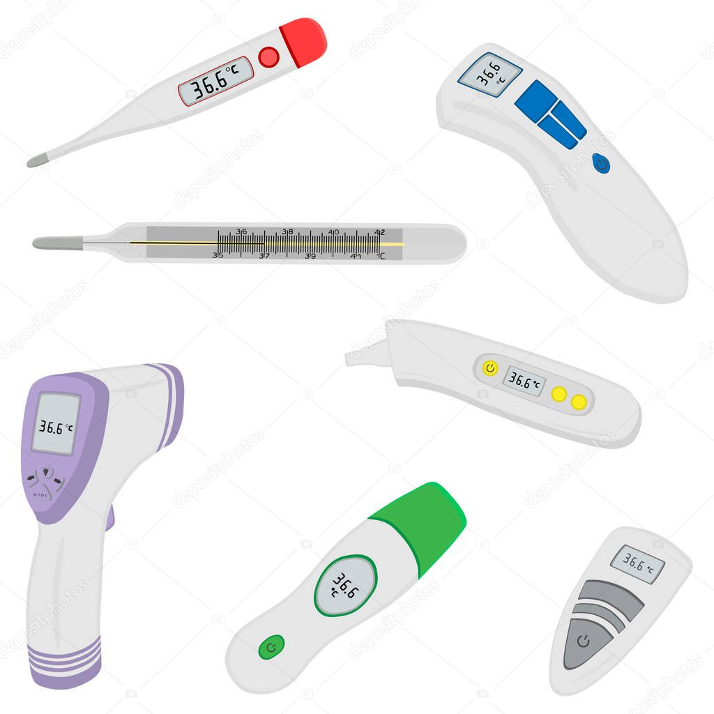 Illustration on theme set different types of thermometers for prevention coronavirus. Thermometer consisting of med accessory with prevention coronavirus. Thermometer is main prevention coronavirus.