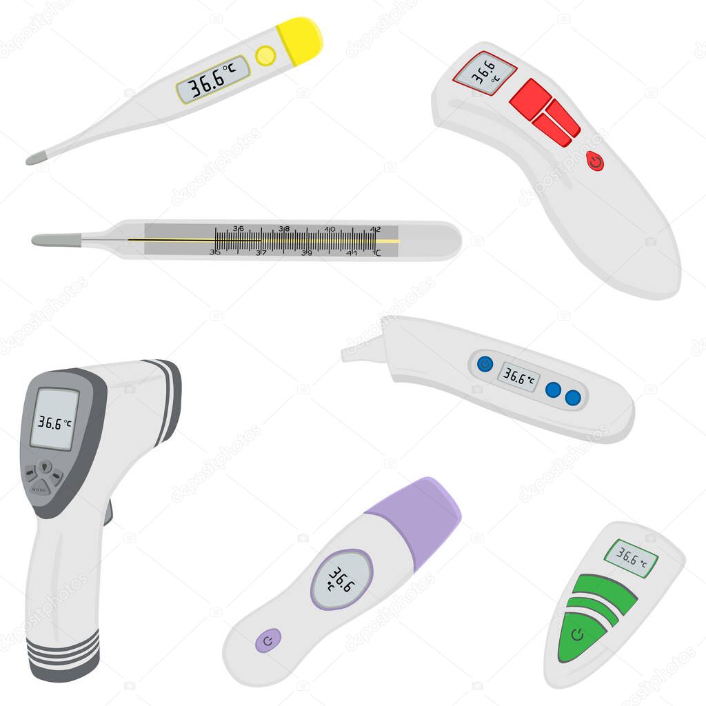 Illustration on theme set different types of thermometers for prevention coronavirus. Thermometer consisting of med accessory with prevention coronavirus. Thermometer is main prevention coronavirus.