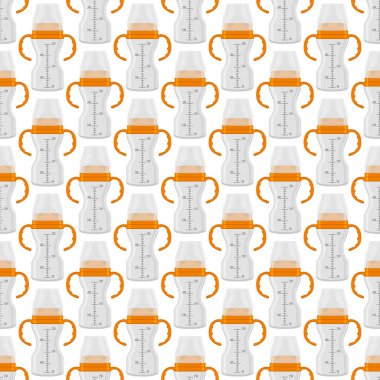 Renkli bebek sütü ve plastik emzik üzerine bir resim. Bebek sütü şişesi, yeni doğan bebeklere tahsilat yapmak için iyi bir emzik. Süt şişesinde emzik, bebek bakım ekipmanı..