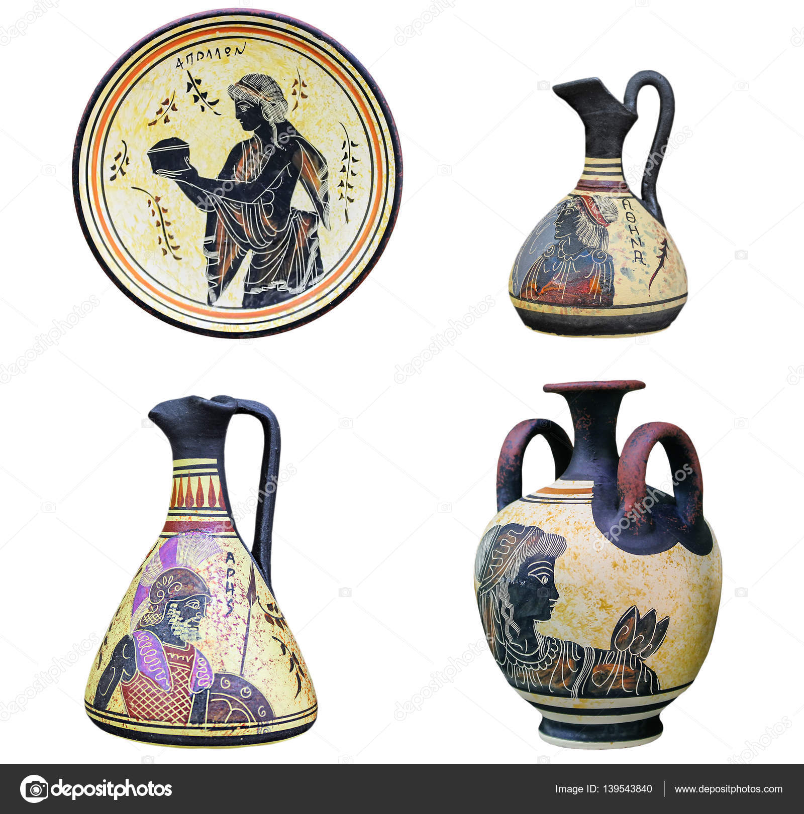 Set Of Three Ancient Greek Vases And Dish Isolated On White Back