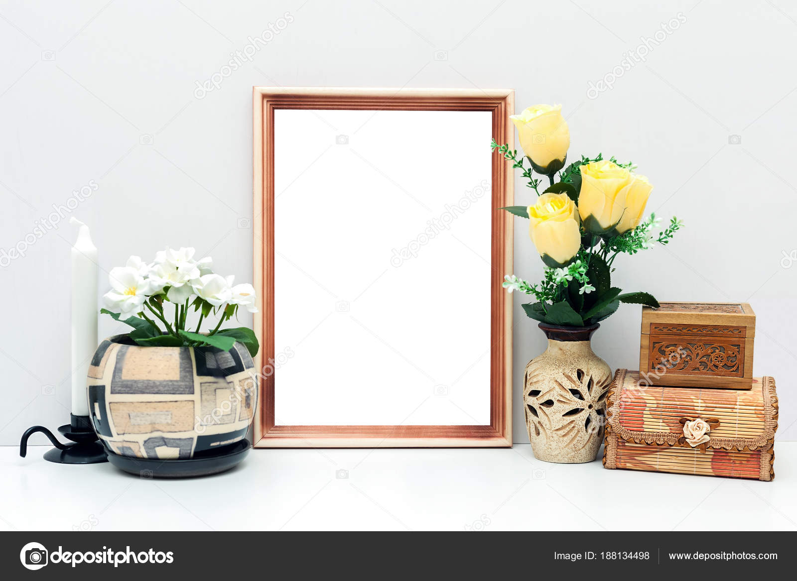 Download A4 wooden frame mockup with flowers and boxes — Stock ...