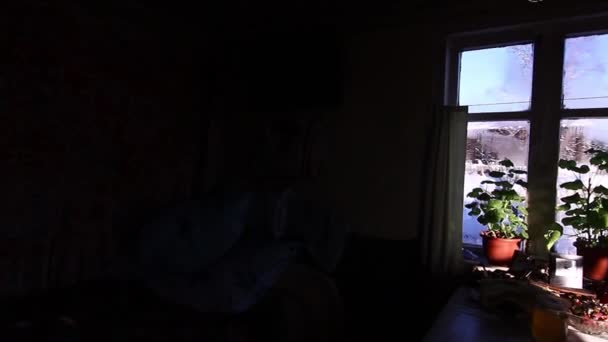 The window of the house. Outside the window, a lot of snow, village houses — Stock Video