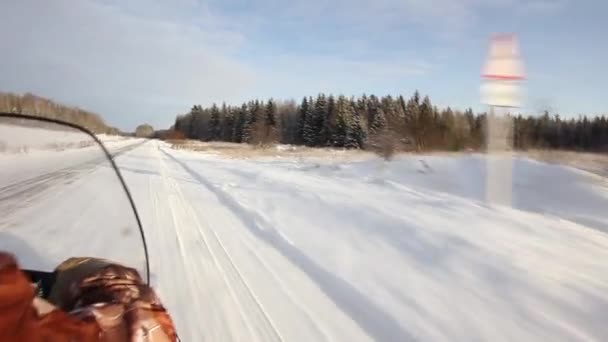 Sneeuwscooter is off-road in de taiga — Stockvideo