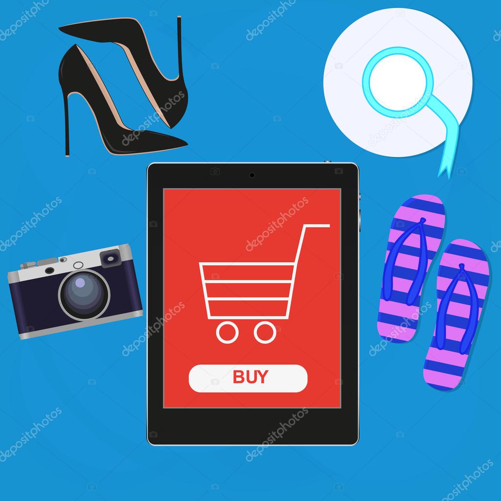 Shopping online Vector flat Basket on tablet - Main Image