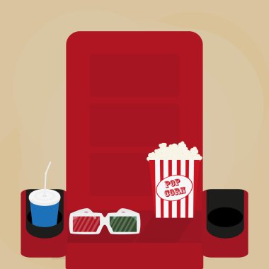 sinema kavramı. Maden suyu cam, patlamış mısır ve 3d stereo gözlük,