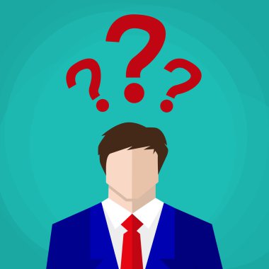 Takım elbiseli belirsiz iş adamı. imzala. Soru işareti, soru kelimeleri kavramı vektör