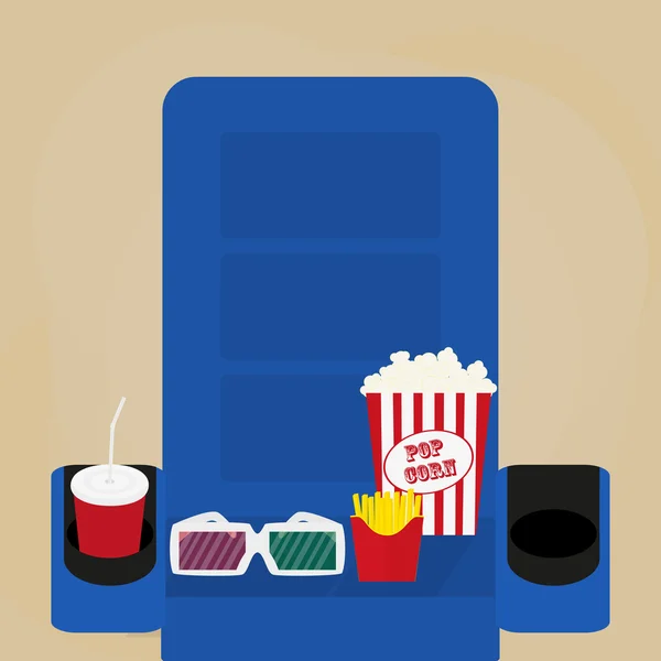 Concetto di cinema. acqua gassata in vetro, popcorn e bicchieri stereo 3d , — Vettoriale Stock