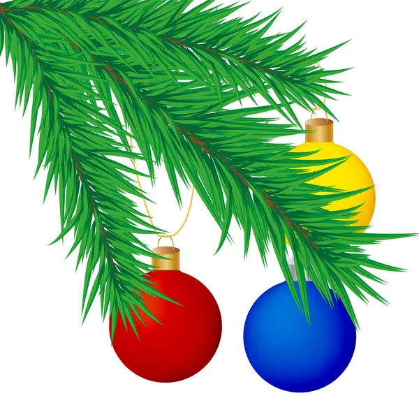 Biglietto di Natale e Capodanno. Abete su sfondo bianco con palline colorate . — Vettoriale Stock