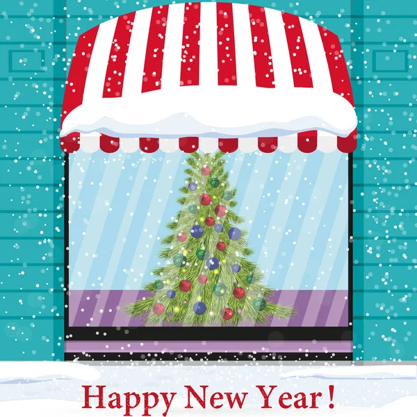 Feliz año nuevo y feliz Navidad invierno ciudad calle con árbol — Vector de stock