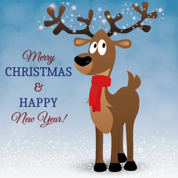 Veselé vánoční přání s kreslenými jelen, světla na velké rohy — Stockový vektor