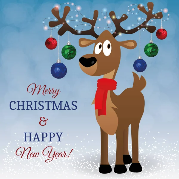 Merry Christmas card met cartoon herten, boom speelgoed op grote hoorns — Stockvector