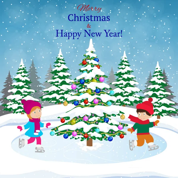 Happy new year and merry Christmas landscape card design with christmas tree. — Stock Vector