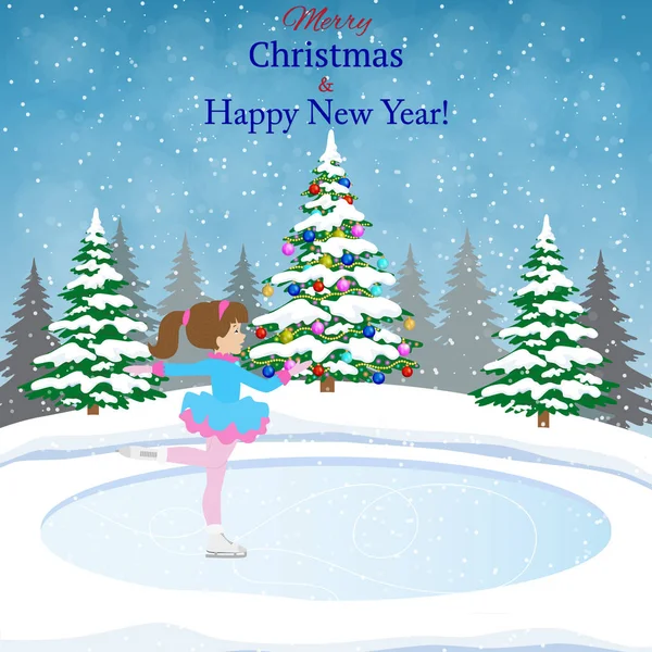 Happy new year and merry Christmas landscape card design with christmas tree. — Stock Vector