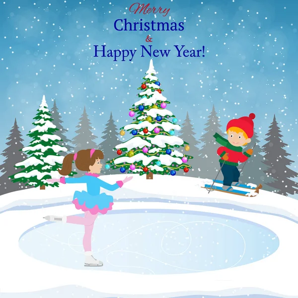 Feliz año nuevo y feliz diseño de tarjetas de Navidad paisaje con árbol de Navidad . — Vector de stock