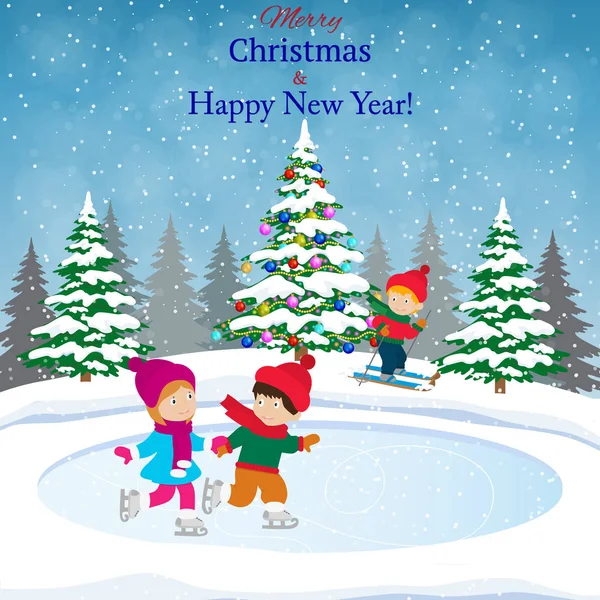 Mutlu yeni yıl ve mutlu Noeller peyzaj kart tasarımı ile Noel ağacı.
