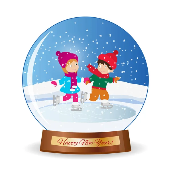 Feliz Navidad bola de cristal con niña y niño — Vector de stock