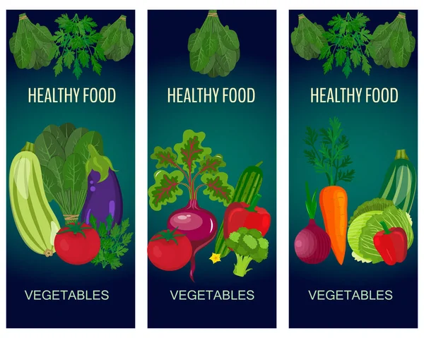 Healthy vegetables and vegetarian food banners on green blackboard. Fresh organic food, healthy eating vector background with place for text. — Stock Vector