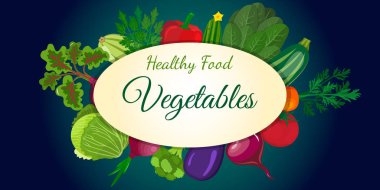 Sağlıklı sebze ve vejeteryan yiyecek pankartlar yeşil yazı tahtası. Taze organik gıda, sağlıklı beslenme vektör arka plan metin için yer ile.
