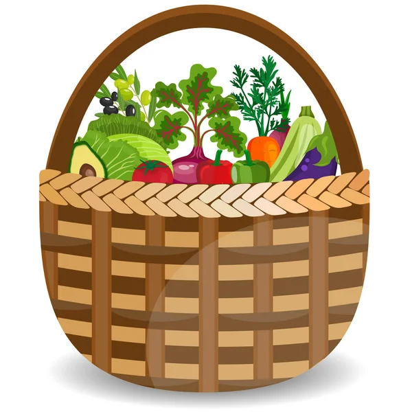 Cesta con verduras aisladas sobre blanco. Ilustración vectorial . — Vector de stock