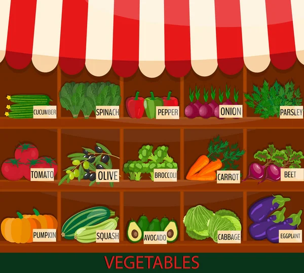 Puesto de verduras local. Tienda de productos alimenticios orgánicos frescos en estantes. Vector plano. Folleto de la feria de verduras. Cartel exposición agricultura . — Vector de stock