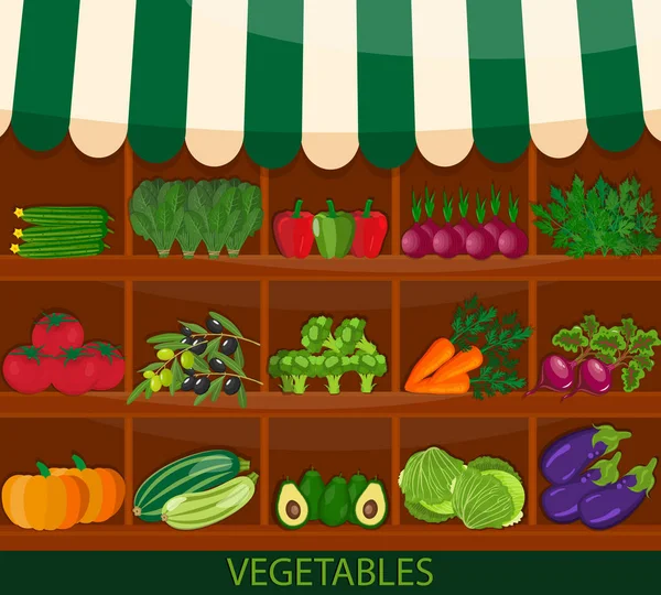 Puesto de verduras local. Tienda de productos alimenticios orgánicos frescos en estantes. Vector plano. Folleto de la feria de verduras. Cartel exposición agricultura . — Vector de stock