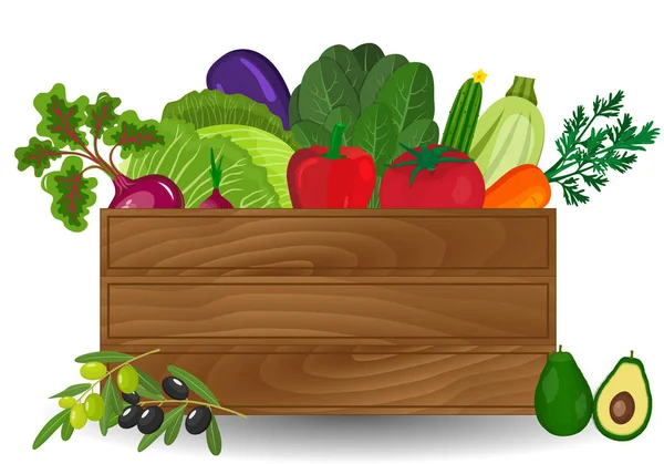 Verduras frescas en una ilustración de caja. Verduras saludables y pancartas de comida vegetariana. Alimentos orgánicos frescos, alimentación saludable — Archivo Imágenes Vectoriales