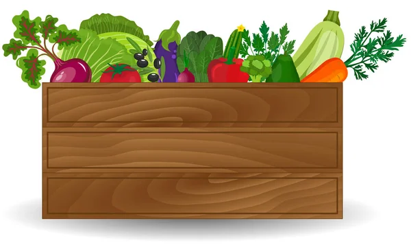 Färska grönsaker i en box illustration. Friska grönsaker och vegetariska mat banners. Färsk ekologisk mat, friska äter — Stock vektor