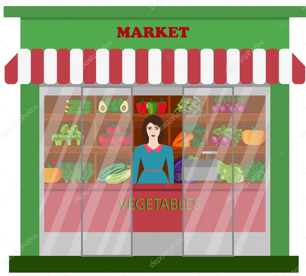 Local vegetable stall. Fresh organic food products shop on shelves. Farmer woman produce shopkeeper. Agriculture exhibition poster.